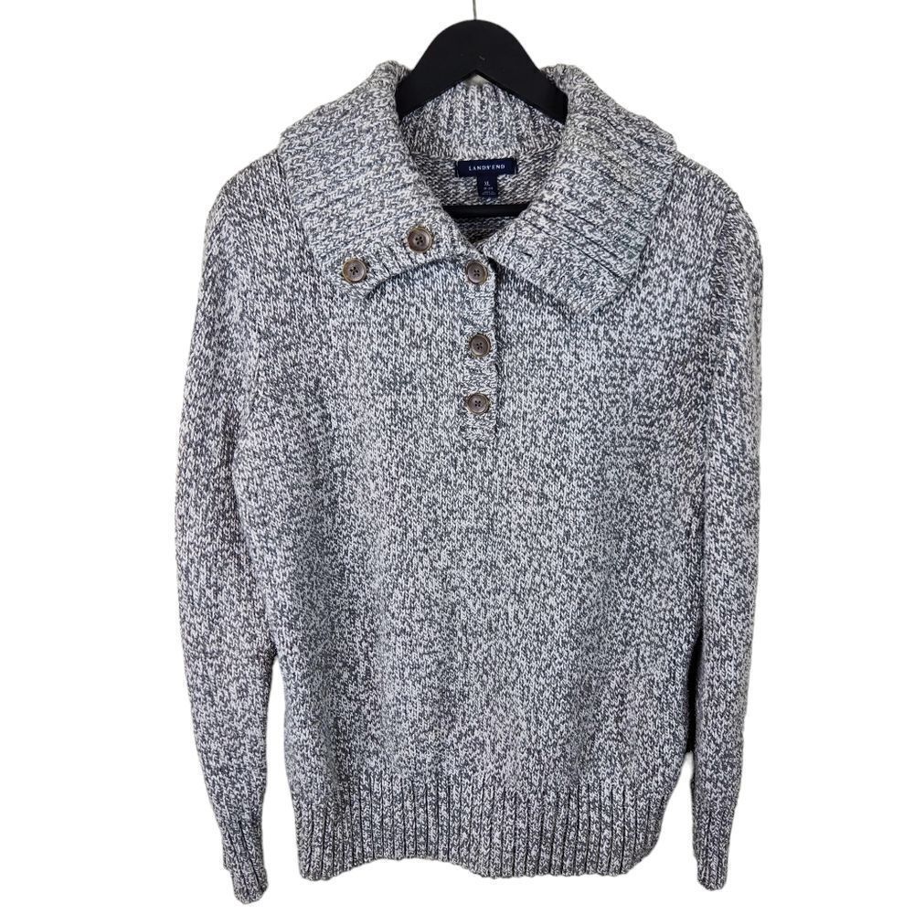 Lands' End Chunky Knit Button Cotton Sweater XL
